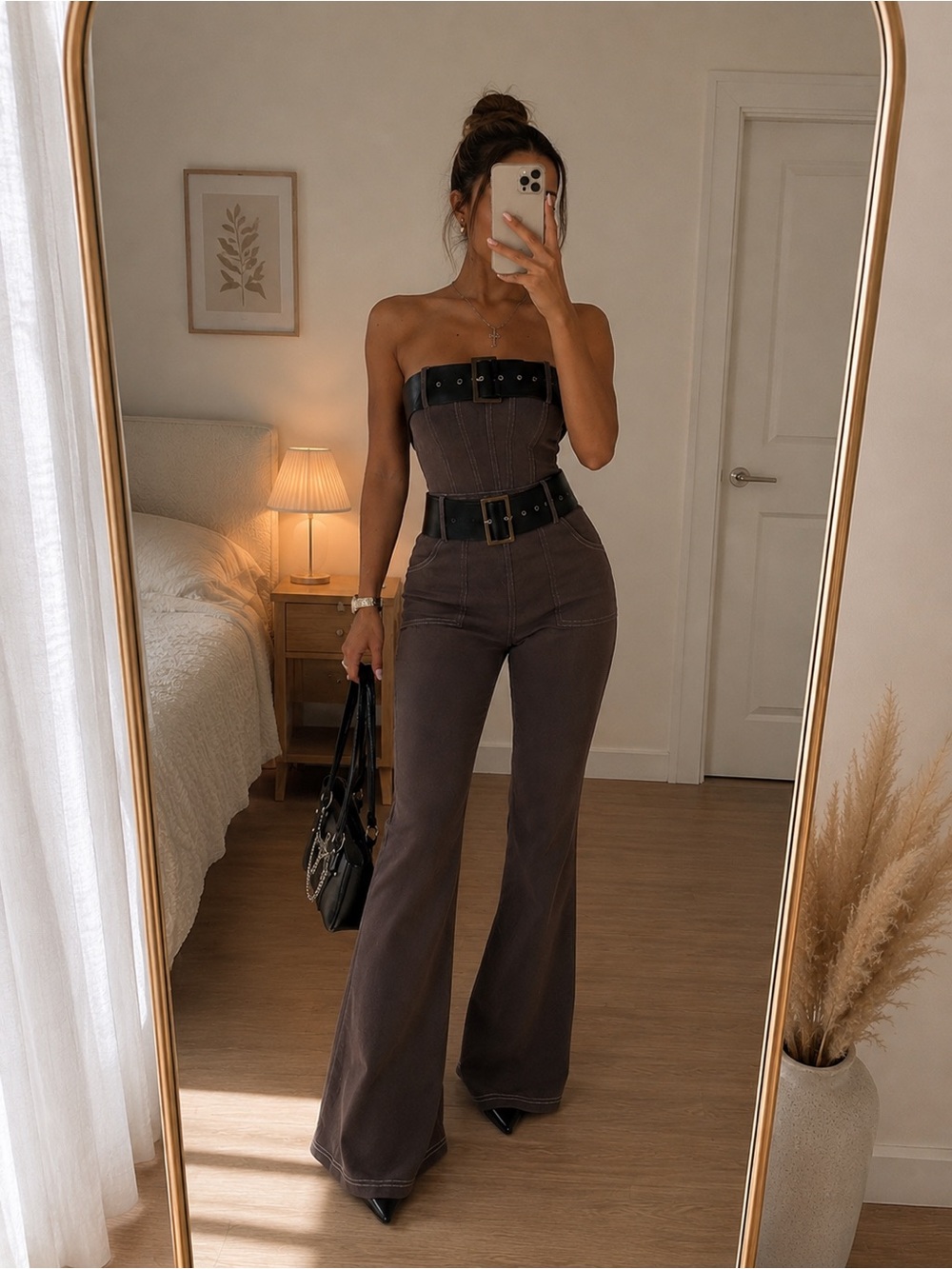 Fashion Nova Brown Strapless Boot-Cut Jumpsuit with Black Belt - Picture 1 of 2